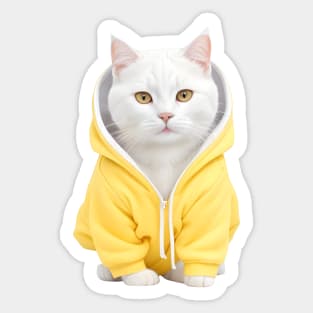 Beautiful white british shorthair wearing yellow hoodie Sticker